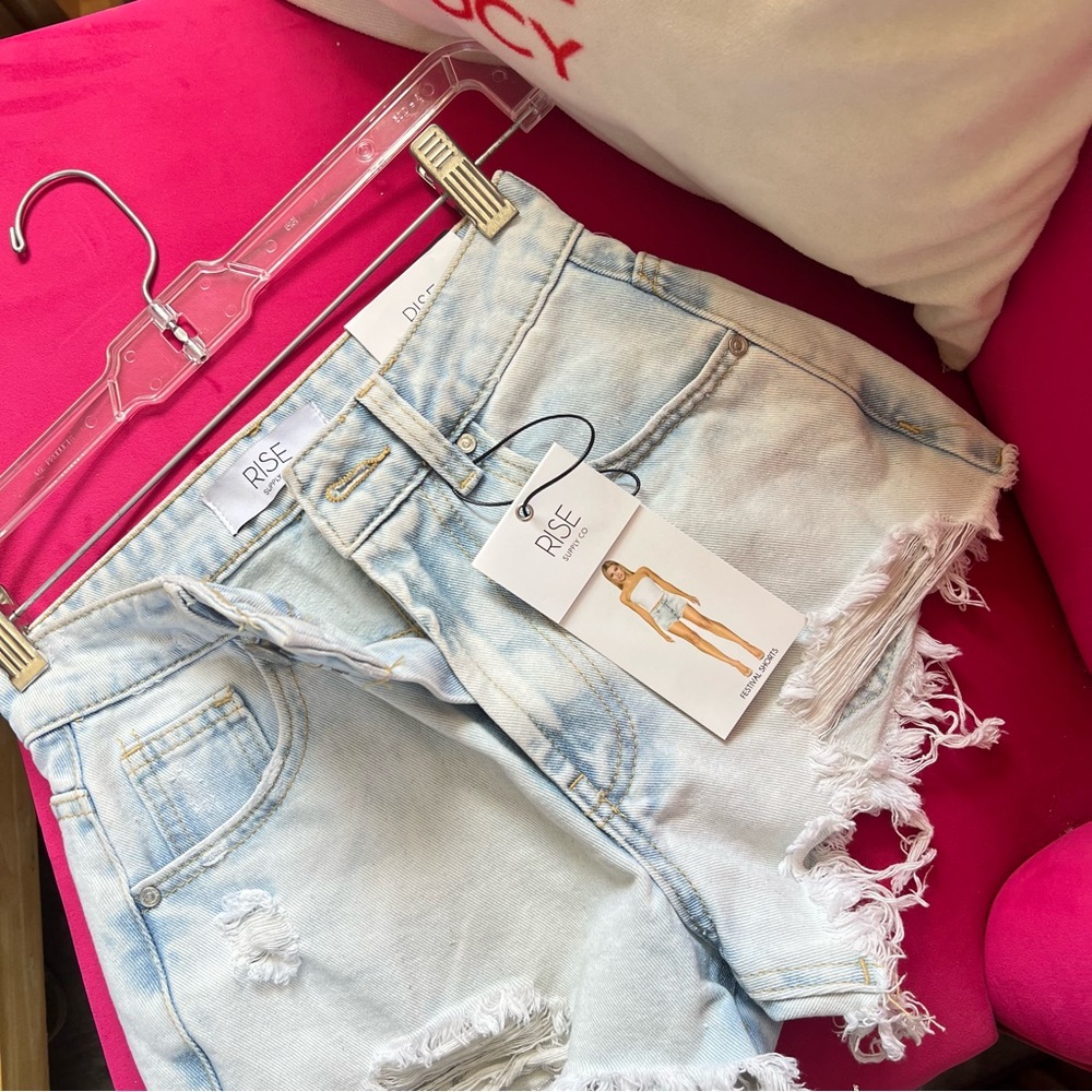 Women's Light Blue Distressed Denim Shorts - Picture 7 of 7